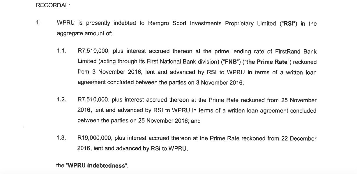 An extract from a draft agreement drawn up by attorneys ENSAfrica on behalf of Remgro and sent to the Western Province Rugby Football Union.