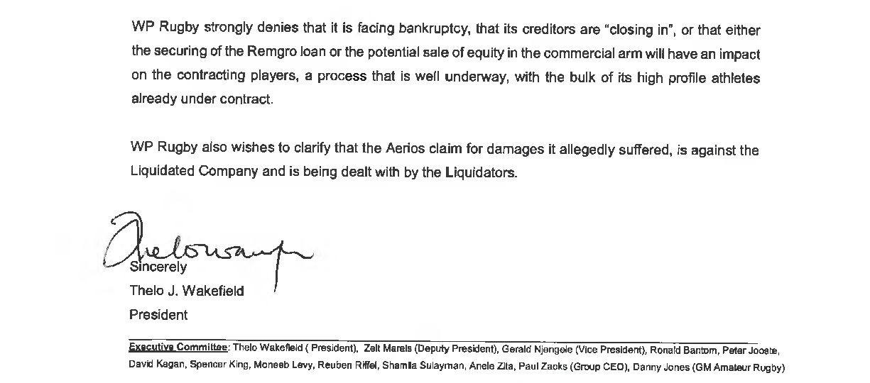 Extract of a letter from WP rugby president Thelo Wakefield to rugby clubs in the region denying the union is facing difficulty. The letter was sent a day after a letter of demand was forwarded to Western Province.