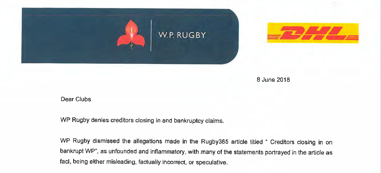 Extract of a letter from WP rugby president Thelo Wakefield to rugby clubs in the region denying the union is facing difficulty. The letter was sent a day after a letter of demand was forwarded to Western Province.