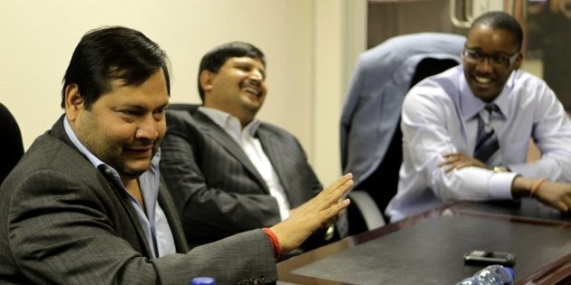 JOHANNESBURG, SOUTH AFRICA –– March 4, 2011: Businessmen Ajay and Atul Gupta and Sahara director Duduzane Zuma speak to the City Press from the New Age newspaper's offices in Midrand, Johannesburg, South Africa. (Photo by Gallo Images/City Press/Muntu Vilakazi)