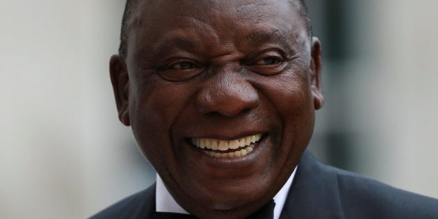 South Africa's President Cyril Ramaphosa reacts as he arrives to attend the Commonwealth Business Forum Banquet at the Guildhall in London, Britain April 17, 2018. REUTERS/Simon Dawson