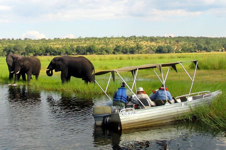 Tourists in safari riverboats observe elephants along the Chobe river bank near Botswana's northern border where Zimbabwe, Zambia and Namibia meet on March 4, 2005.