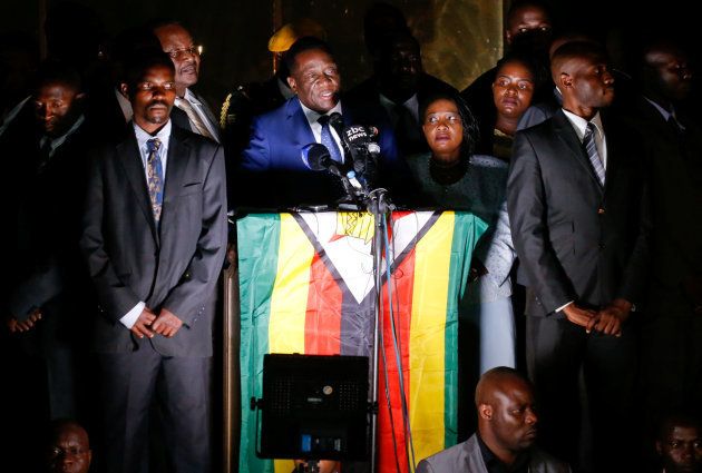 Zimbabwe's former vice president Emmerson Mnangagwa, who is due to be sworn in to replace Robert Mugabe as president, addresses supporters in Harare, Zimbabwe, November 22, 2017.