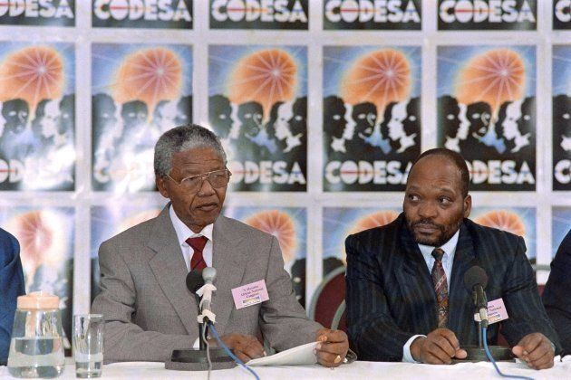 Nelson Mandela (L) and Jacob Zuma at a two-day CODESA meeting; December 21, 1991.