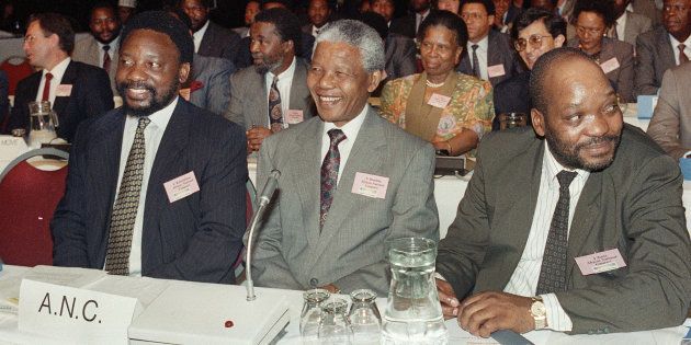 Johannesburg, December 1991: ANC leadership at CODESA (Convention for a Democratic South Africa) negotiations. Nelson Mandela, Thabo Mbeki, Cyril Ramaphosa.