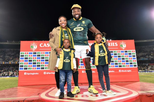 BLOEMFONTEIN, SOUTH AFRICA - JUNE 16: Tendai Mtawarira of the Springboks poses with his family during the 2018 Castle Lager Incoming Series match between South Africa and England at Toyota Stadium on June 16, 2018 in Bloemfontein, South Africa. (Photo by Johan Pretorius/Gallo Images/Getty Images)