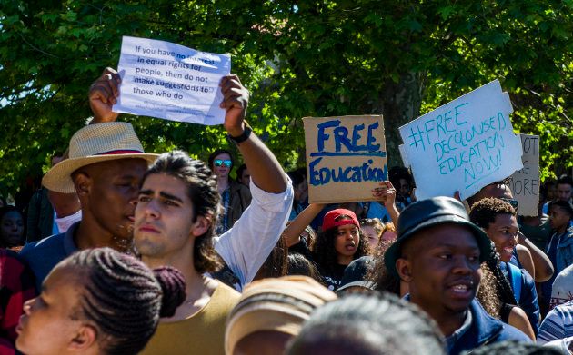 University of Cape Town students march during the #FeesMustFall protest on October 03 2016 in Cape Town.