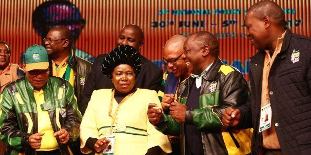 President Jacob Zuma, Nkosazana Dlamini-Zuma, Deputy President Cyril Ramaphosa and Zweli Mkhize sing and dance during the ANC's fifth national policy conference at the Nasrec Expo Centre on July 05, 2017 in Johannesburg, South Africa.