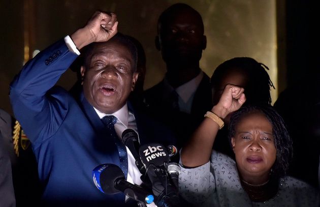 President Emmerson Mnangagwa with his wife Auxillia addressing the people of Zimbabwe at the Zanu-Pf headquarters on November 22, 2017 in Harare, Zimbabwe.