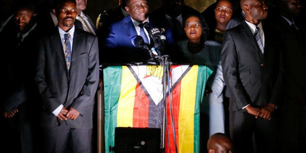 Zimbabwe's former vice president Emmerson Mnangagwa, who is due to be sworn in to replace Robert Mugabe as president, addresses supporters in Harare, Zimbabwe, November 22, 2017.