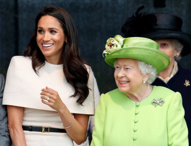 Meghan, Duchess of Sussex and Queen Elizabeth II attend a ceremony to open the new Mersey Gateway Bridge on June 14, in Widnes, England.