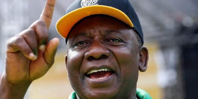 South Africa's Deputy President Cyril Ramaphosa gestures at an African National Congress (ANC) rally in Port Elizabeth, South Africa, April 16, 2016.