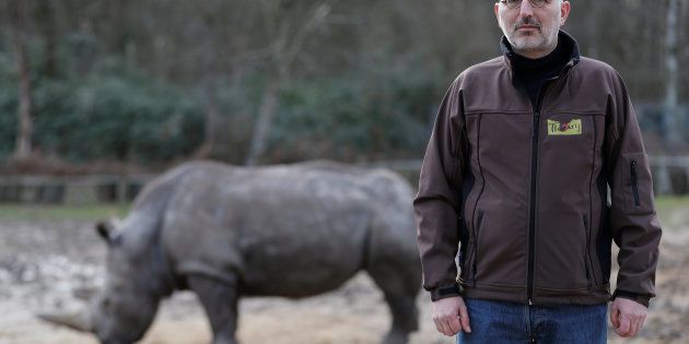 Thoiry zoo and wildlife park director Thierry Duguet poses in front of white rhinoceros Gracie at the enclosure in the Thoiry zoo and wildlife park, about 50 km (30 miles) west of Paris, France, March 7, 2017. Poachers broke into the zoo last night, shot dead four-year-old male white rhino called Vince, and sawed off its horn in what is believed to be the first time in Europe that a rhino in captivity has been attacked and killed.