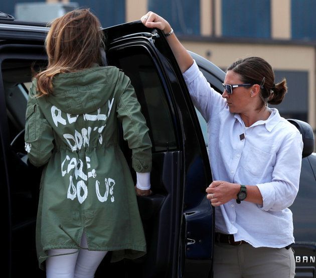 U.S. first lady Melania Trump climbs into her motorcade vehicle wearing a Zara design jacket with the phrase "I Really Don't Care. Do U?" on the back as she returns to Washington from a visit to the U.S.-Mexico border area in Texas, at Joint Base Andrews, Maryland, U.S., June 21, 2018.