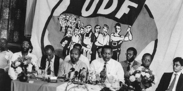 4 February 1990: UDF leaders addressing the media a press conference in Cape Town. From left to right: Archie Gumede, Murphy Morobe, Terror Lekota, Moses Mayekiso and Popo Molefe.