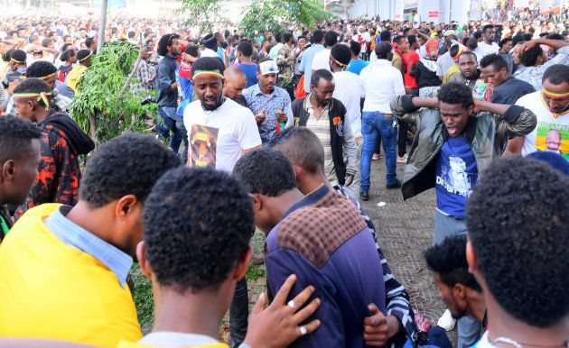 Ethiopians react after an explosion during a rally in support of the new Prime Minister Abiy Ahmed in Addis Ababa, Ethiopia June 23, 2018.
