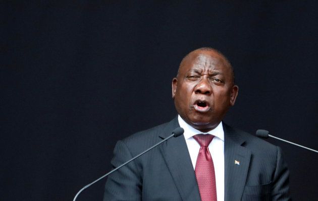 President Cyril Ramaphosa delivers a eulogy at the funeral of Winnie Madikizela-Mandela at Orlando Stadium in Soweto. April 14 2018. REUTERS/Mike Hutchings