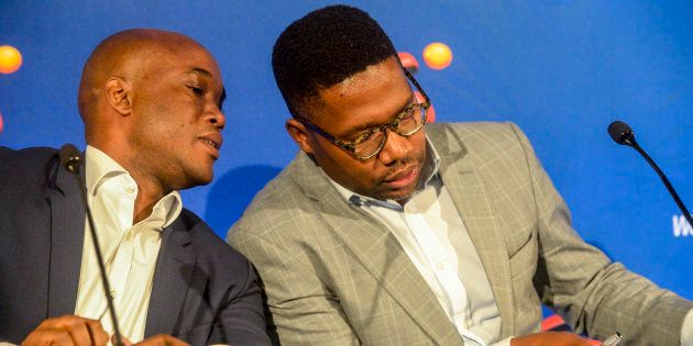 CEO Gideon Khobane of SuperSport and CEO Calvo Mawela of MultiChoice during the SuperSport media briefing to announce the outcome of the independent review into the Ashwin Willemse 'walking out during live broadcast saga on June 19, 2018 in Randburg.