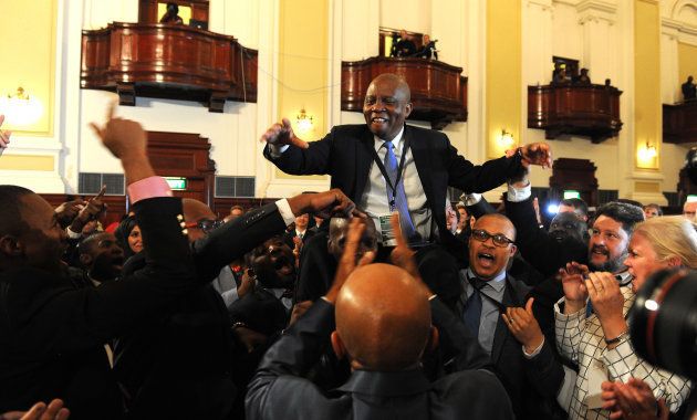 City of Johannesburg Mayor Herman Mashaba celebrates with DA members during an inaugural council meeting on August 22, 2016 in Johannesburg, South Africa. Mashaba received 144 votes, while ANCs Parks Tau received 125 votes.