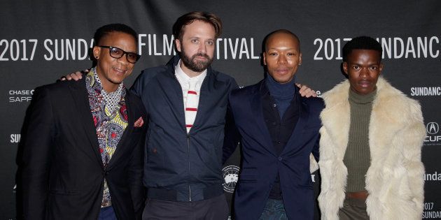 (L-R) Actor Bongile Mantsai, director John Trengrove, and actors Nakhane and Niza Jay Ncoyini attend the 'Inxeba' premiere at the 2017 Sundance Film Festival.