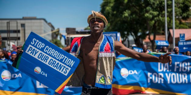 Democratic Alliance supporters march on March 10, 2017 to the Department of Social Development to voice concerns over the social grants crisis.