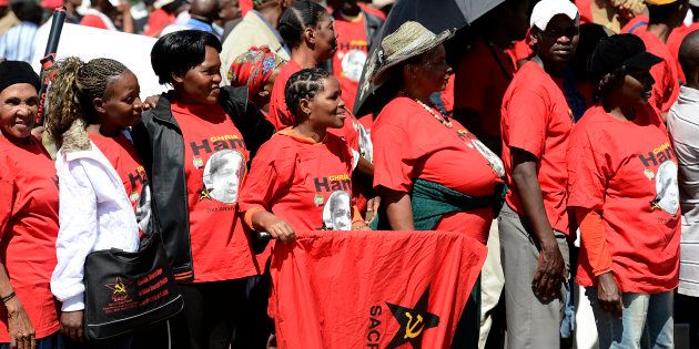 Supporters of the South African Communist Party (SACP) attend the 20th anniversary of the assassination of Chris Hani on April 10, 2013 at the Thomas Titus Nkombi Memorial Park in Elspark.