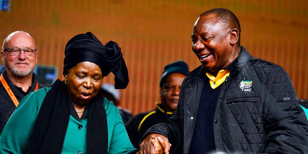 Deputy President Cyril Ramaphosa and Nkosazana Dlamini-Zuma share a light moment during the ANC 5th national policy conference at the Nasrec Expo Centre on July 01, 2017 in Johannesburg.