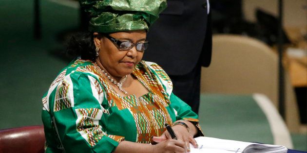 South African Minister of Environmental Affairs Bomo Edna Molewa signs the Paris Agreement on climate change at the United Nations Headquarters in Manhattan, New York, U.S., April 22, 2016.