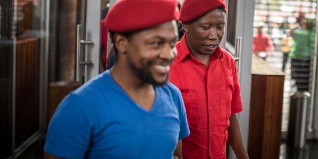 Economic Freedom Fighters (EFF) leaders Julius Malema and Mbuyiseni Ndlozi outside the Constitutional Court to on March 30, 2017 in Johannesburg, South Africa.