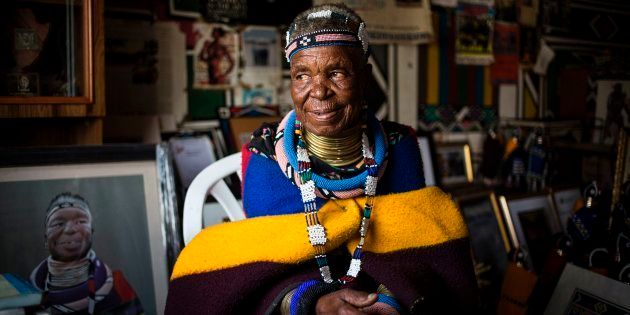 South African artist Esther Mahlangu, 81, poses at her home in Mabhoko Village, Siyabuswa, Mpumalanga on March 6, 2017.