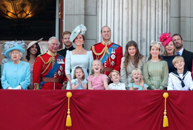 Members of the British royal family stand on the balcony of Buckingham Palace during the Trooping the Colour ceremony in London on June 9 2018.