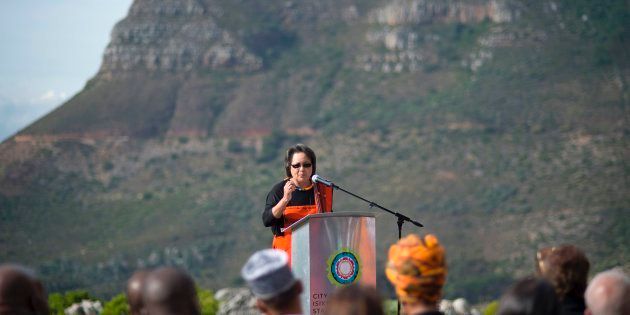 The mayor of Cape Town, Patricia de Lille speaks during a call to religous leaders to come together to pray for rain in drought-stricken province on May 25, 2017 at the foot of Table Mountain.