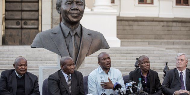 South African opposition Parties leaders give a press conference on August 7, 2017 at the South African Parliament in Cape Town.