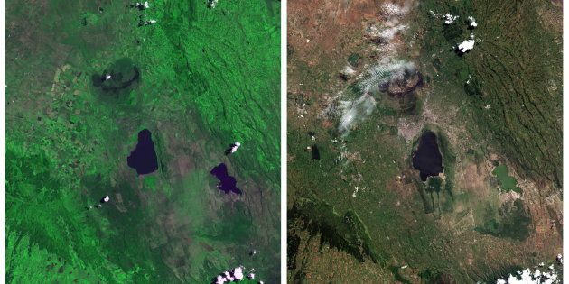 Lake Nakuru National Park, seen in a combination of NASA satellite images taken September 9, 1972 (L) and July 7, 2015 (R). UNESCO says that with rapid population growth nearby, the area is under