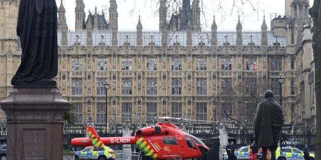 An Air Ambulance outside the Palace of Westminster