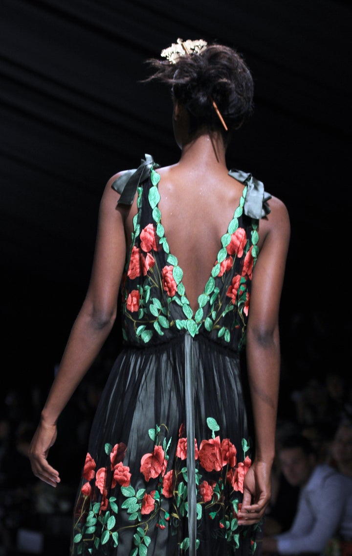 A model showcases designs by Stefania Morland & Shana Morland during the Mercedes-Benz Fashion Week Cape Town (MBFWCT) Autumn / Winter Show on March 23, 2017 in Camps Bay, South Africa.