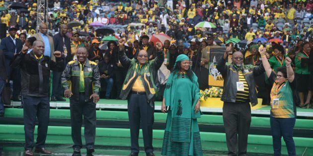 ANC secretary general Gwede Mantashe,deputy secretary general Jessie Duarte, treasury general Zweli Mkhize, Baleka Mbete, Deputy President Cyril Ramaphosa and President Jacob Zuma during the ANC's 105th anniversary celebrations in January 2016. The ANC's top players have a difficult weekend ahead.