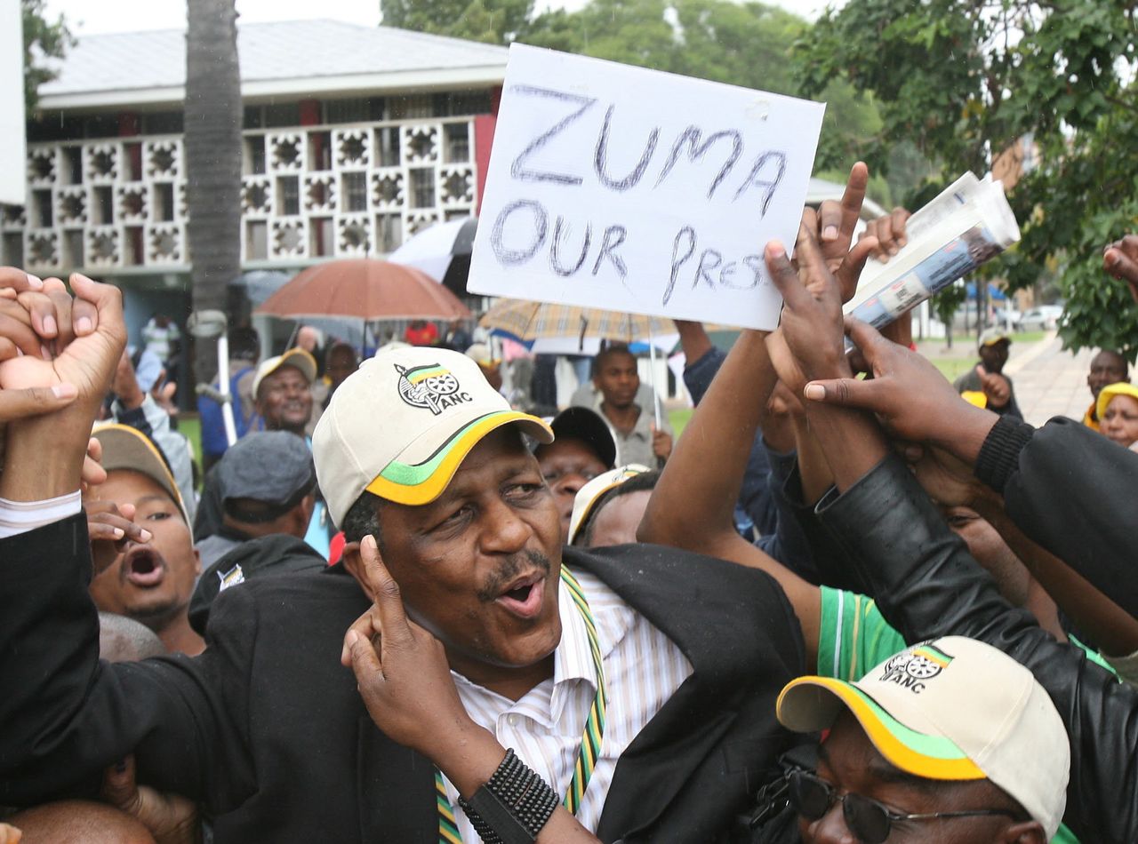 Mathews Phosa, elected alongside Jacob Zuma in 2007, singing and dancing with Zuma supporters at Polokwane. Today he is an ardent opponent of his erstwhile comrade.