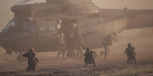 SA National Defence Force personnel and SA Air Force helicopters show skills and capability during a military training exercise at Roodewal Air Force base on June 1, 2017 in Limpopo.