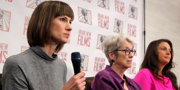 (L-R) Rachel Crooks, a former receptionist in Trump Tower in 2005, Jessica Leeds and Samantha Holvey, a former Miss North Carolina, attend a news conference for the film