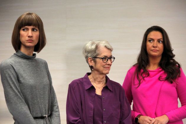 (L-R) Rachel Crooks, a former receptionist in Trump Tower in 2005, Jessica Leeds and Samantha Holvey, a former Miss North Carolina, attend a news conference for the film "16 Women and Donald Trump" which focuses on women who have publicly accused President Trump of sexual misconduct, in Manhattan, New York, U.S., December 11, 2017. REUTERS/Andrew Kelly