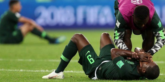 Nigeria’s players react after the loss to Argentina in the 2018 World Cup.