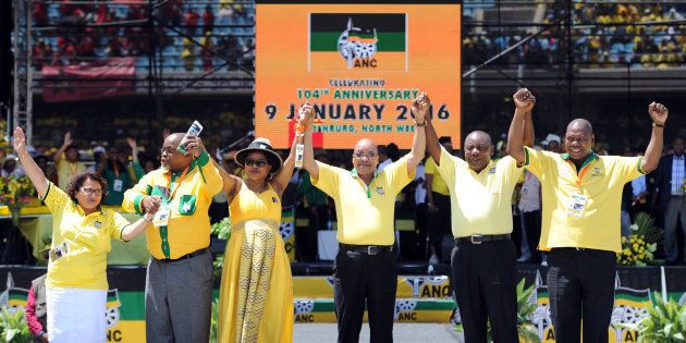 Jessie Duarte, Gwede Mantashe, Baleka Mbethe, President Jacob Zuma, Cyril Ramaphosa and Zweli Mkhize during the 104th ANC birthday celebration rally on January 09, 2016 at the Royal Bafokeng stadium.
