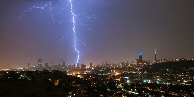A massive lightning strike over the Johannesburg city skyline.