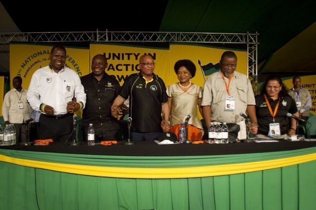 The ANC's top six leaders Zweli Mkhize (treasurer); Cyril Ramaphosa (deputy president); Jacob Zuma (president); Baleka Mbete (chairperson); Gwede Mantashe (secretary-general) and Jessie Duarte (deputy secretary-general) after their election at the ANCs elective conference on December 18, 2012 in Mangaung, South Africa.