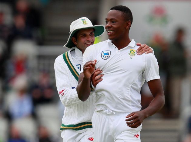 South Africa's Kagiso Rabada celebrates taking the wicket of England's Keaton Jennings.