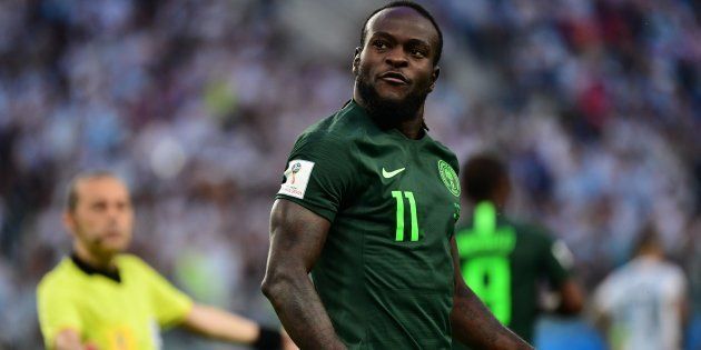 Nigeria's forward Victor Moses celebrates scoring a penalty to equalise during the 2018 World Cup Group D match between Nigeria and Argentina at the Saint Petersburg Stadium on June 26 2018.