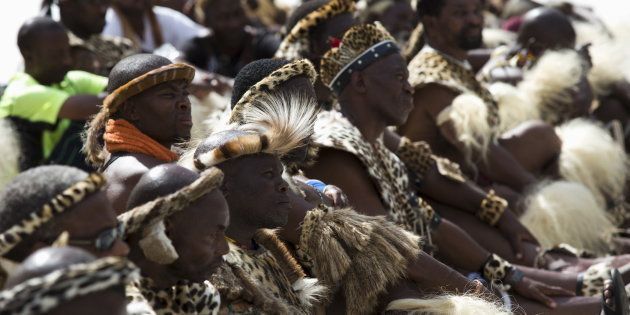 Zulu elders await the address of Zulu King Goodwill Zwelithini in Durban, April 20, 2015. South Africa's influential Zulu King Zwelithini on Monday described recent anti-immigrant attacks as