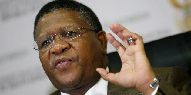 Police Minister Fikile Mbalula gestures during a news conference in Johannesburg, June 3 2015.