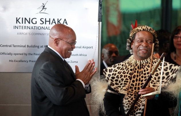 Jacob Zuma (L) applauds Zulu King Goodwill Zwelithini (R) on May 8, 2010, after officially opening the Central Terminal building of Durban's new King Shaka International Airport and Dube Trade Port, north of Durban. Rajesh Jantilal/ AFP/ Getty Images